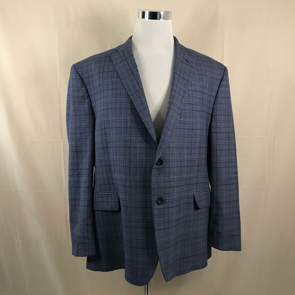 Jos. A. Bank 48R Sport Coat 100% Wool Blue Plaid Two Button Double Vented - Picture 2 of 9